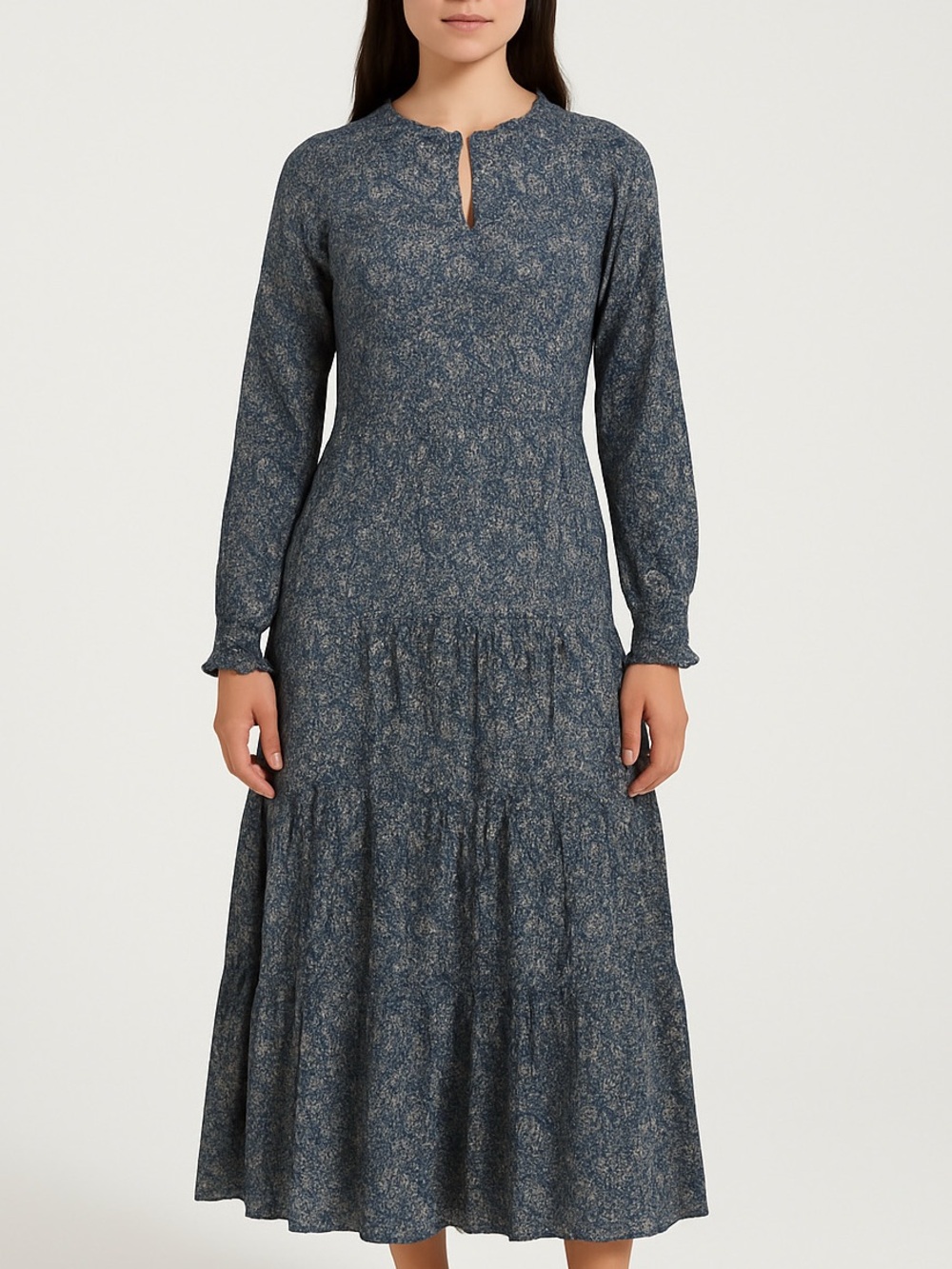 Rebecca Minkoff Blue Floral Long-Sleeve Tiered Midi Dress